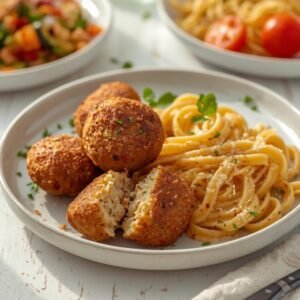 Croquetes de Carne com Salada de Legumes e Massa