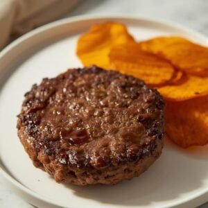 Hambúrguer de Carne com Chips de Batata Doce