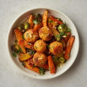 Almôndegas de Salmão com Legumes Assados
